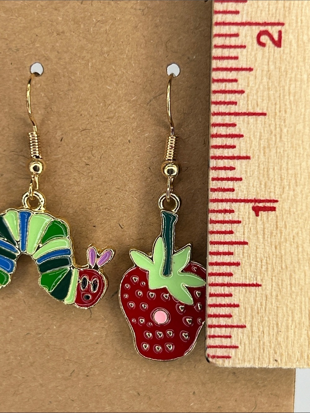 Hungry Caterpillar Strawberry Storybook Earrings - Red & Green Fashion Jewelry - Picture 2 of 3
